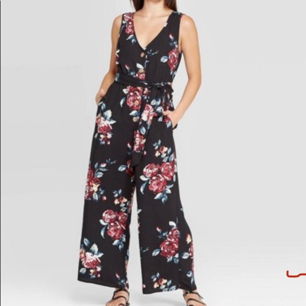 V-Neck Button Front Jumpsuit - Xhilaration